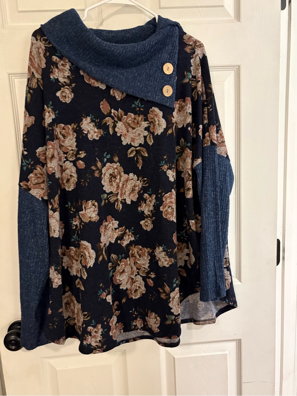 Chris & Carol Navy Floral Tunic with Denim Blue Collar and Sleeves